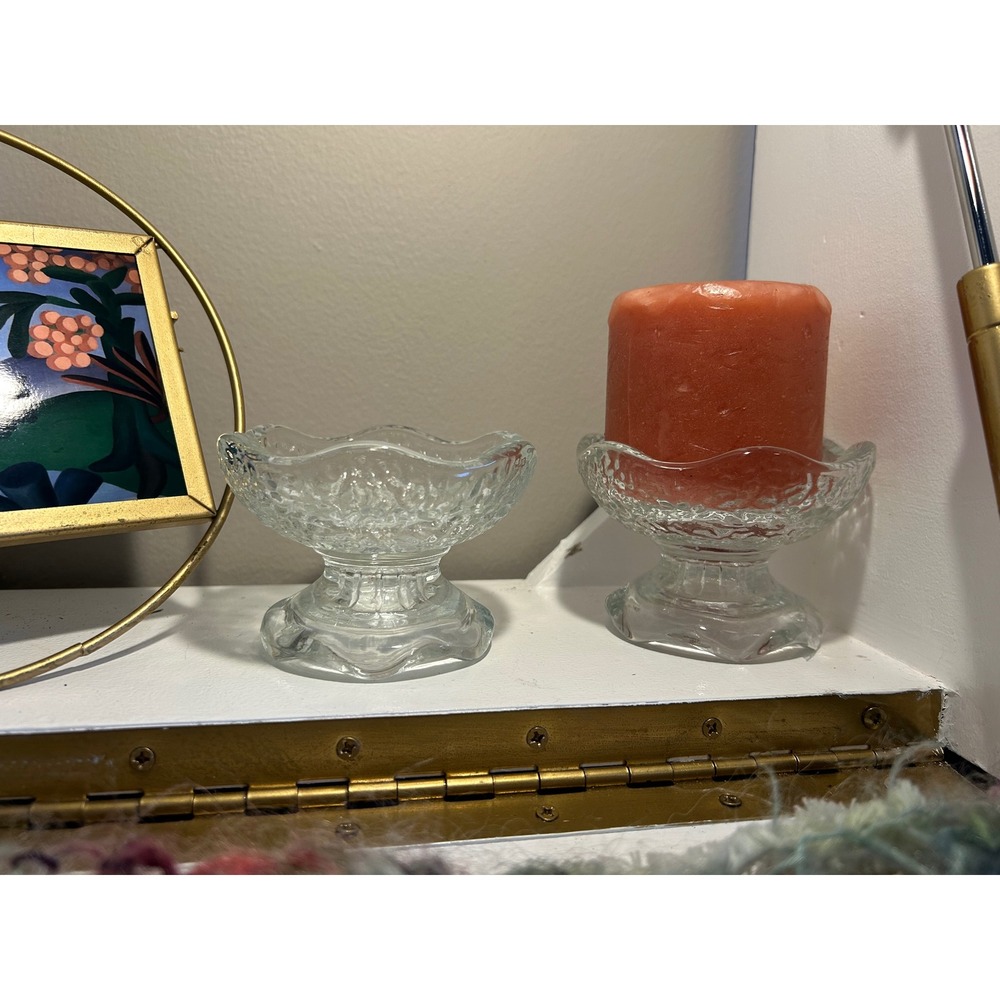 Vintage Reversible Clear Glass Candle Holder Set Textured Taper Pillar Scalloped